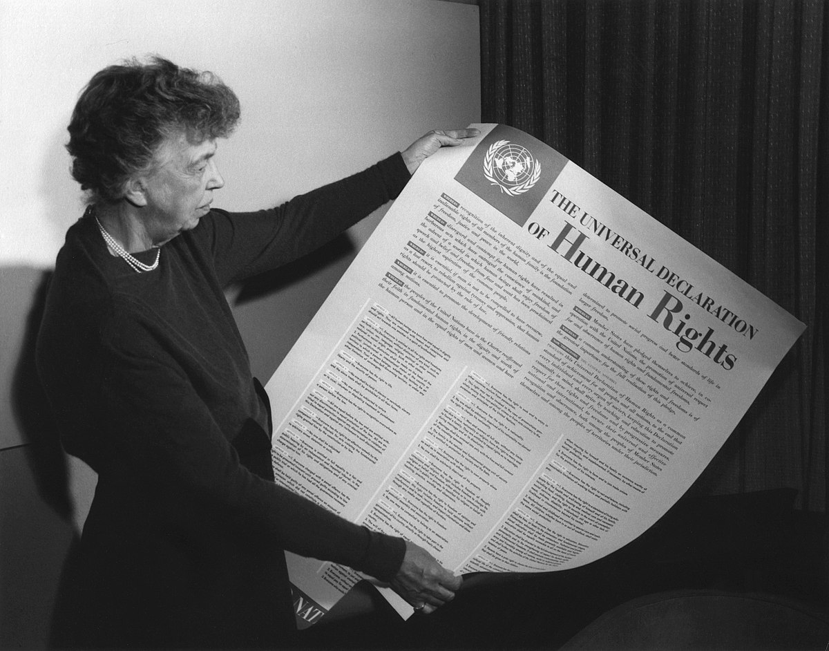 Eleanor Roosevelt holding the English language version of the Universal Declaration of Human Rights in November 1949