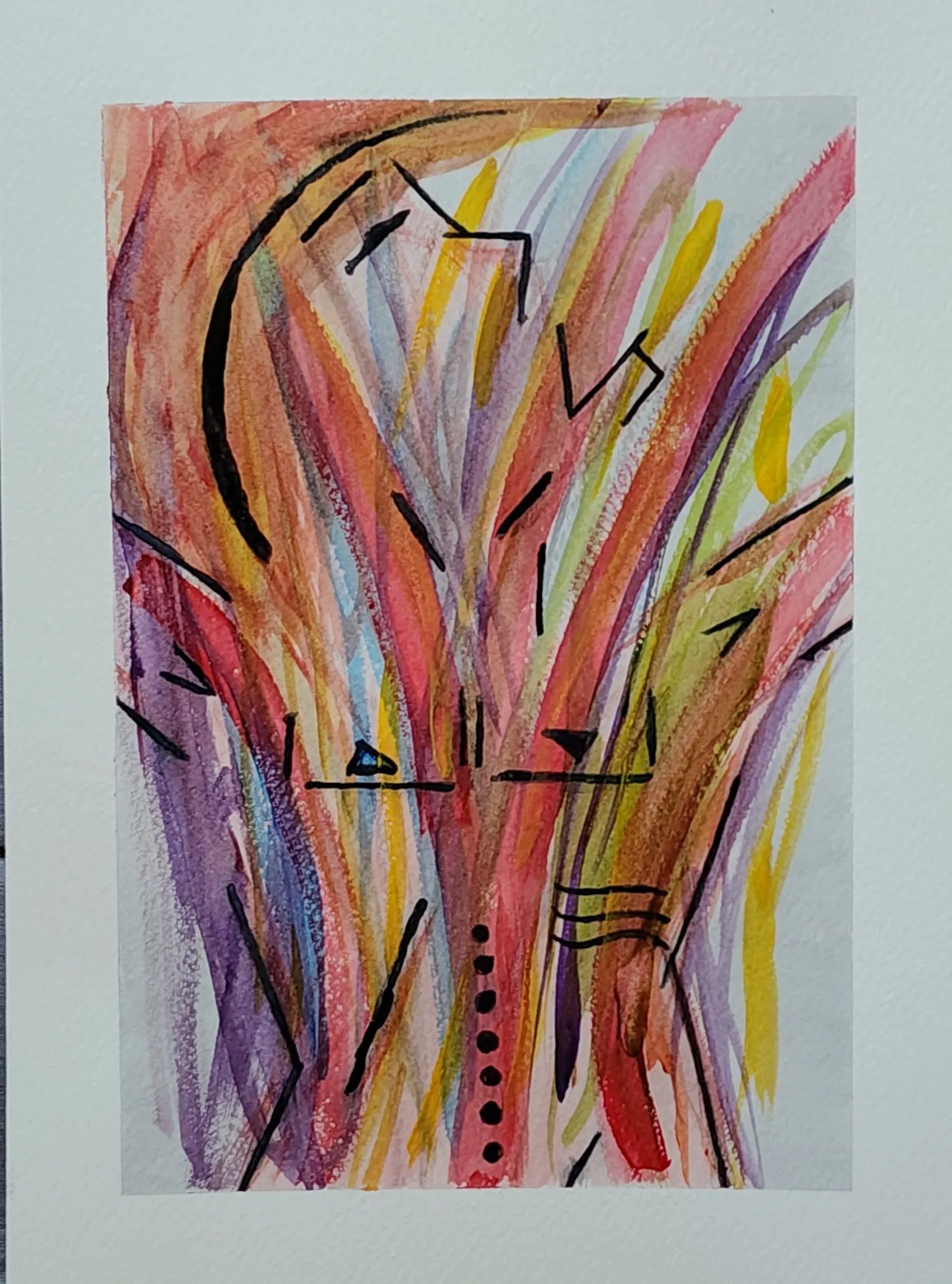 Original Artwork by Steven Preston of San Diego California titled A Sweet Memory. A multicolored abstract watercolor painting featuring what appears to be the outline of a male body. It has a large 1 inch white border and is signed by the artist in a stylized signature composed of the letters S and P in the lower-right area of the image.