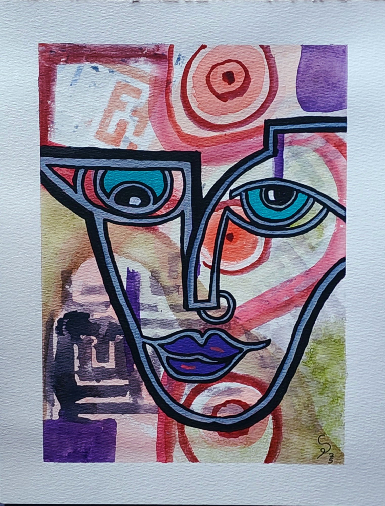 Original Artwork by Steven Preston of San Diego California titled Transparency. A multicolored abstract watercolor painting featuring reds purples and greens, featuring a transparent face with blue/green eyes and purple lips. It has a large 1 inch white border. It is signed by the artist in a stylized signature composed of the letters S and P in the lower-right area of the image.