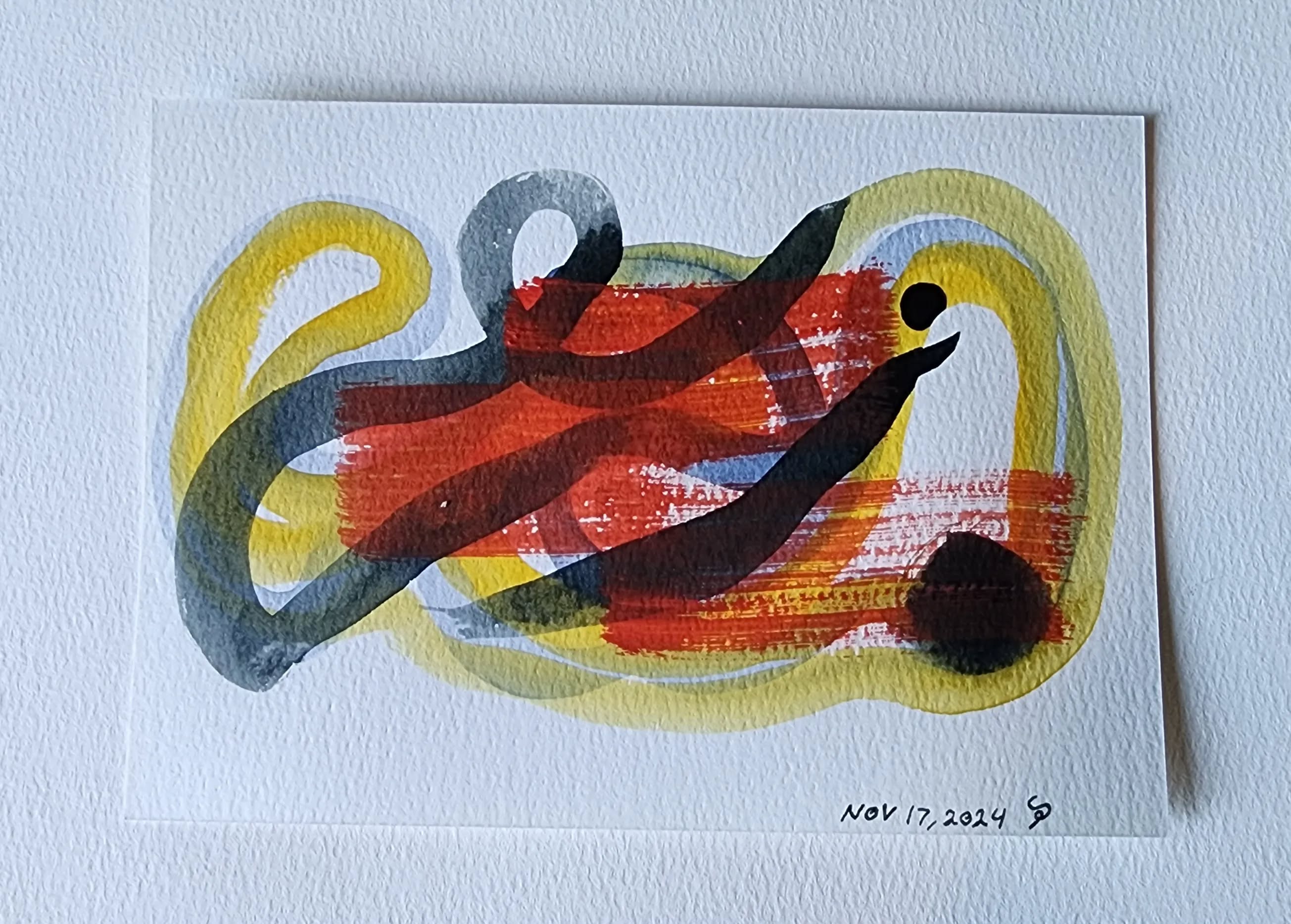 Untitled original artwork by Steven Preston of San Diego California. A multicolored abstract watercolor composition, 7x5 on cold press paper. It is signed by the artist in a stylized signature composed of the letters S and P in the lower-right area of the image.