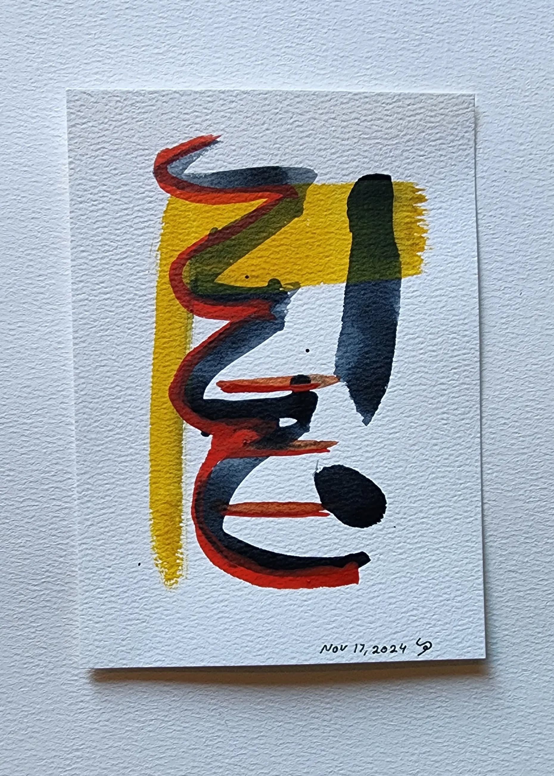 Untitled original artwork by Steven Preston of San Diego California. A multicolored abstract watercolor composition, 5x7 on cold press paper. It is signed by the artist in a stylized signature composed of the letters S and P in the lower-right area of the image.