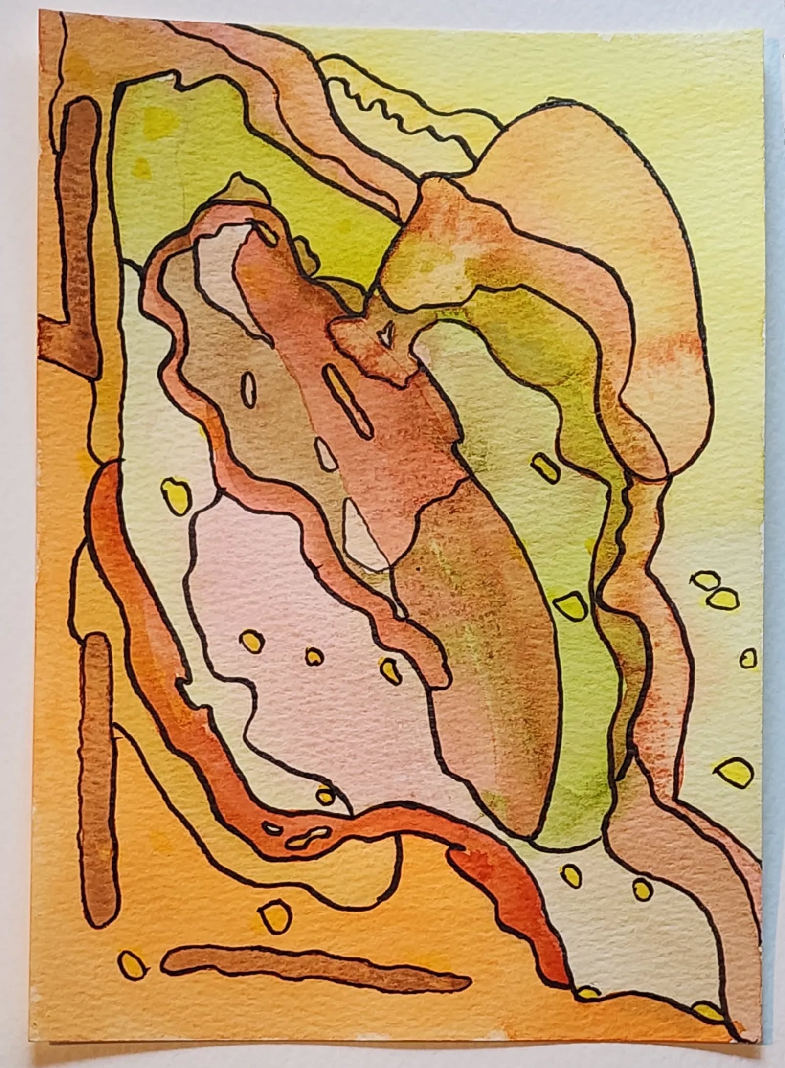 Untitled original artwork by Steven Preston of San Diego California. A multicolored abstract watercolor and ink painting, 5x7 on cold press paper