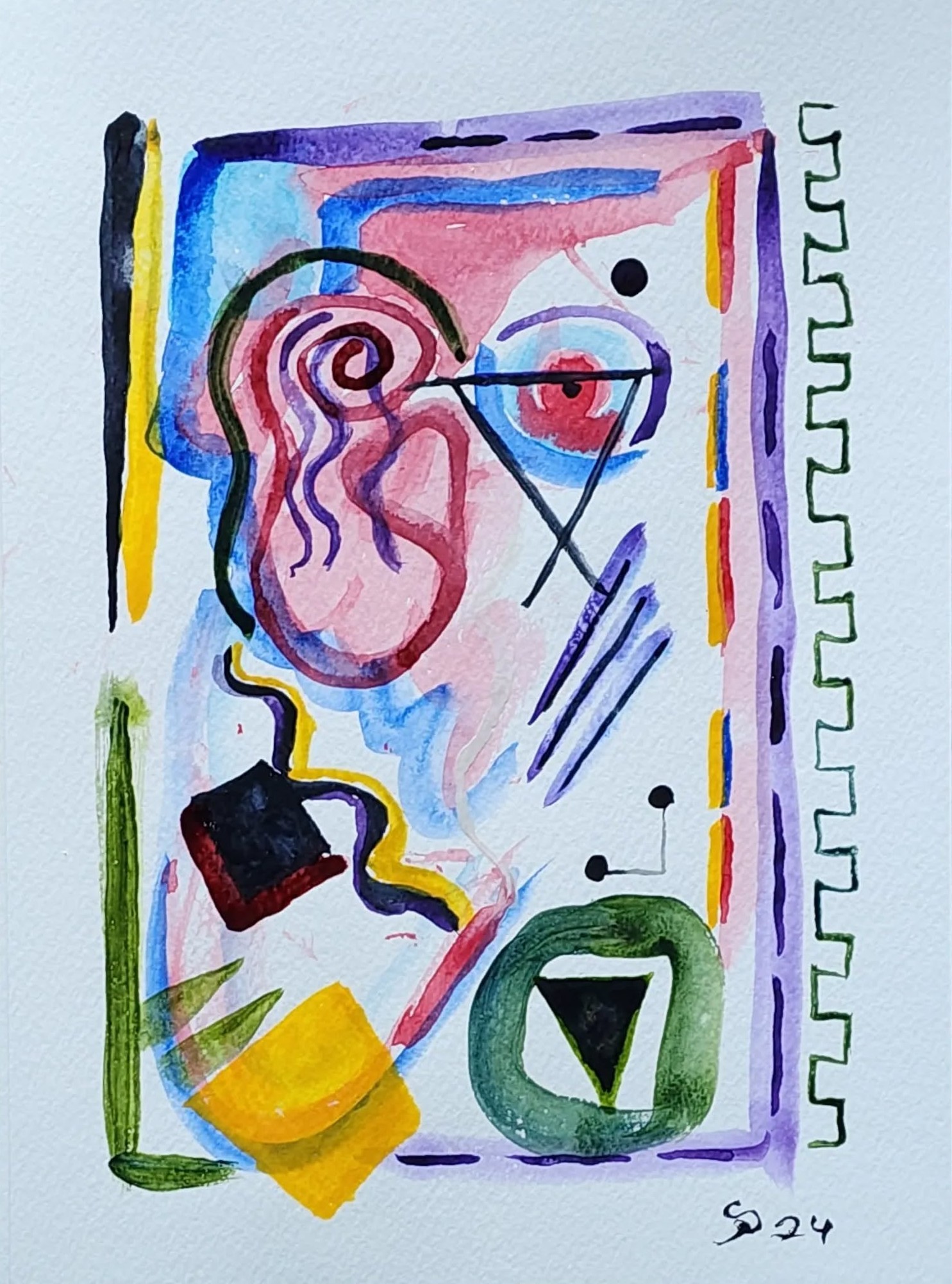 Untitled original artwork by Steven Preston of San Diego California. A multicolored abstract watercolor, 9x12 on cold press paper. It is signed by the artist in a stylized signature composed of the letters S and P in the lower-right area of the image.