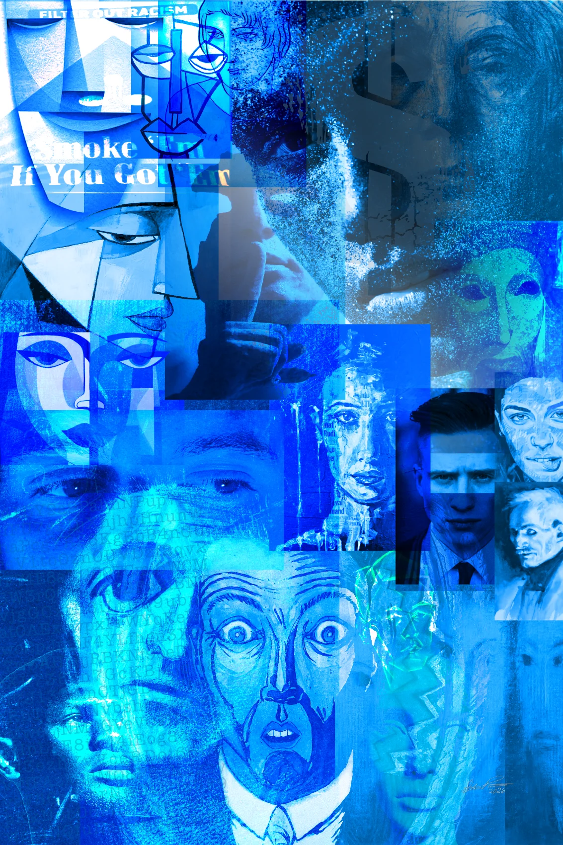 Blue In The Face, digital photo collage of faces in various shades and tints of blue